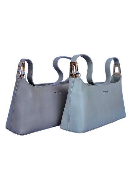 Borsa baguette tortora e verde oliva in similpelle vista frontale
