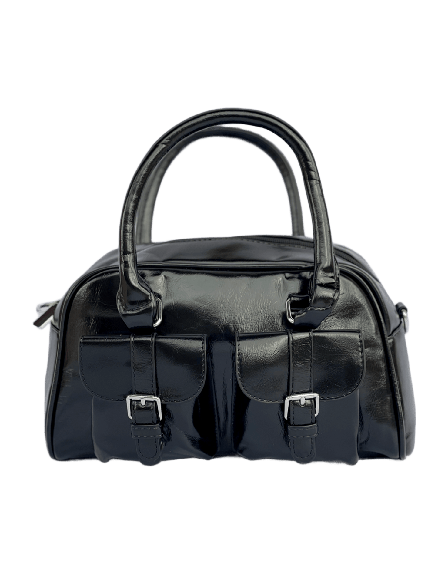 Borsa Bauletto Sydney nero lucido con tasche frontali vista frontale
