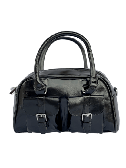 Borsa Bauletto Sydney nero lucido con tasche frontali vista frontale
