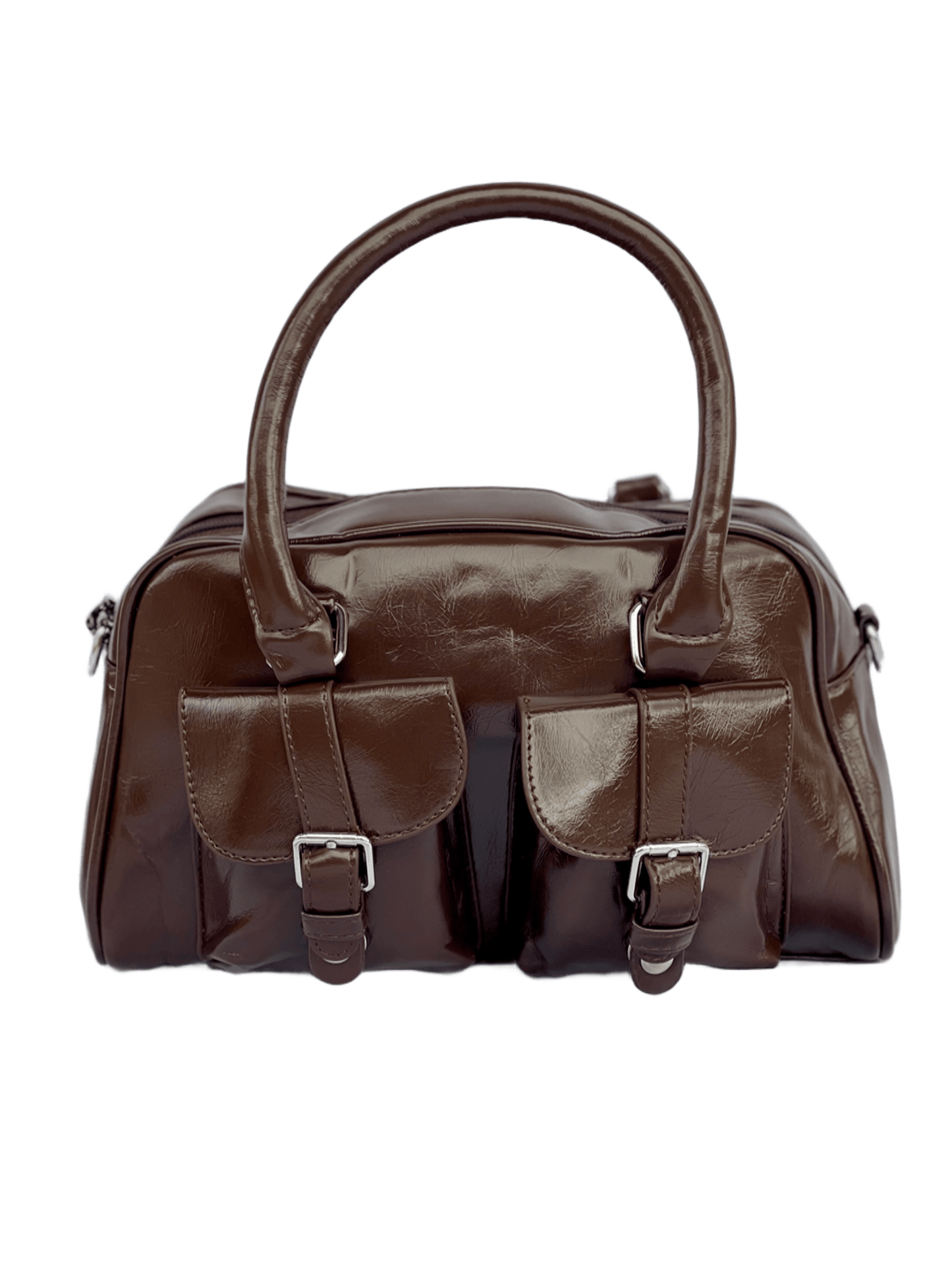 Borsa Bauletto Sydney caffè lucido con tasche frontali vista frontale
