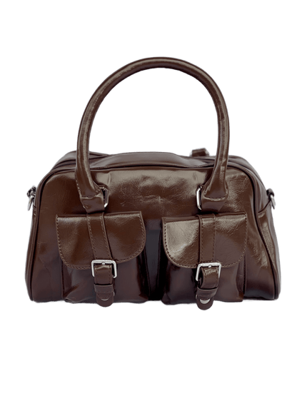 Borsa Bauletto Sydney caffè lucido con tasche frontali vista frontale
