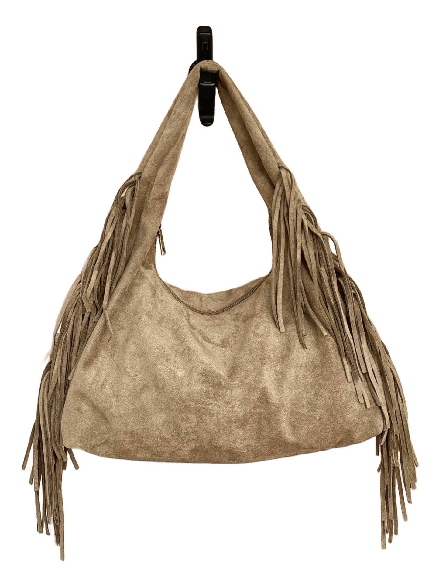 Borsa hobo Savanna scamosciata con frange boho-chic color beige vista frontale
