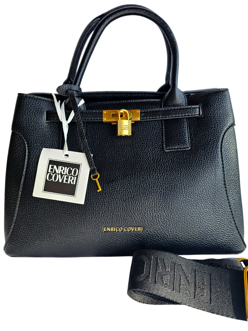 Borsa Enrico Coveri nera in similpelle con lucchetto vista frontale