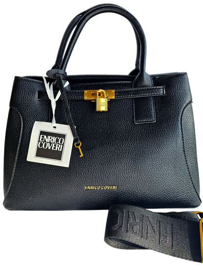 Borsa Enrico Coveri nera in similpelle con lucchetto vista frontale