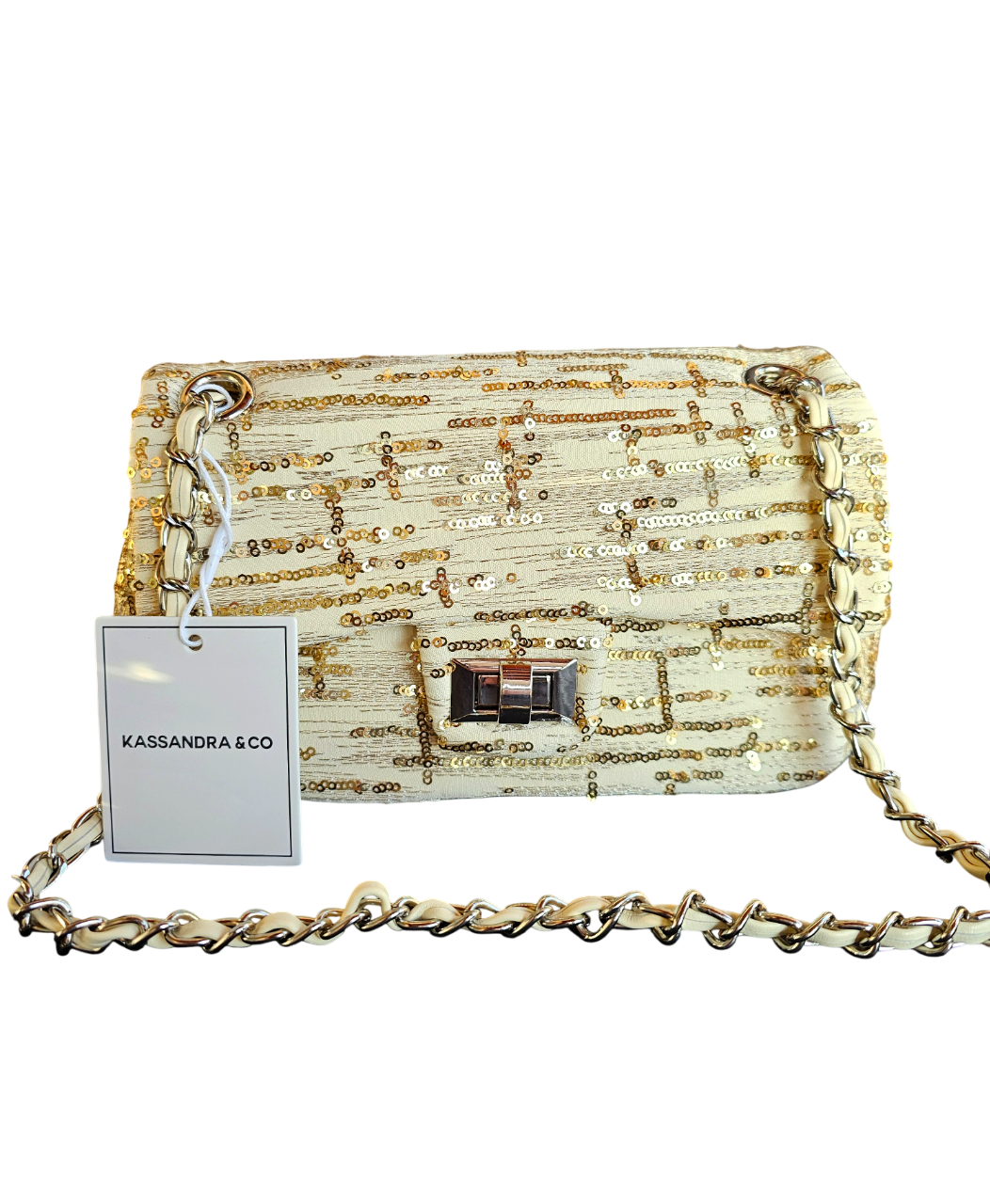 Borsa Kassandra con paillettes oro effetto brillante vista frontale