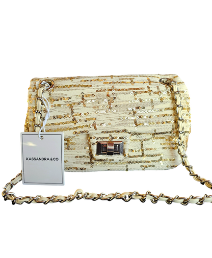 Borsa Kassandra con paillettes oro effetto brillante vista frontale