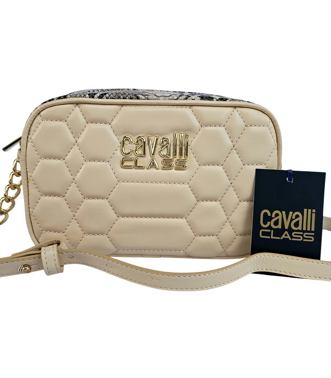 Borsa Cavalli Class beige con dettagli pitonati e logo dorato