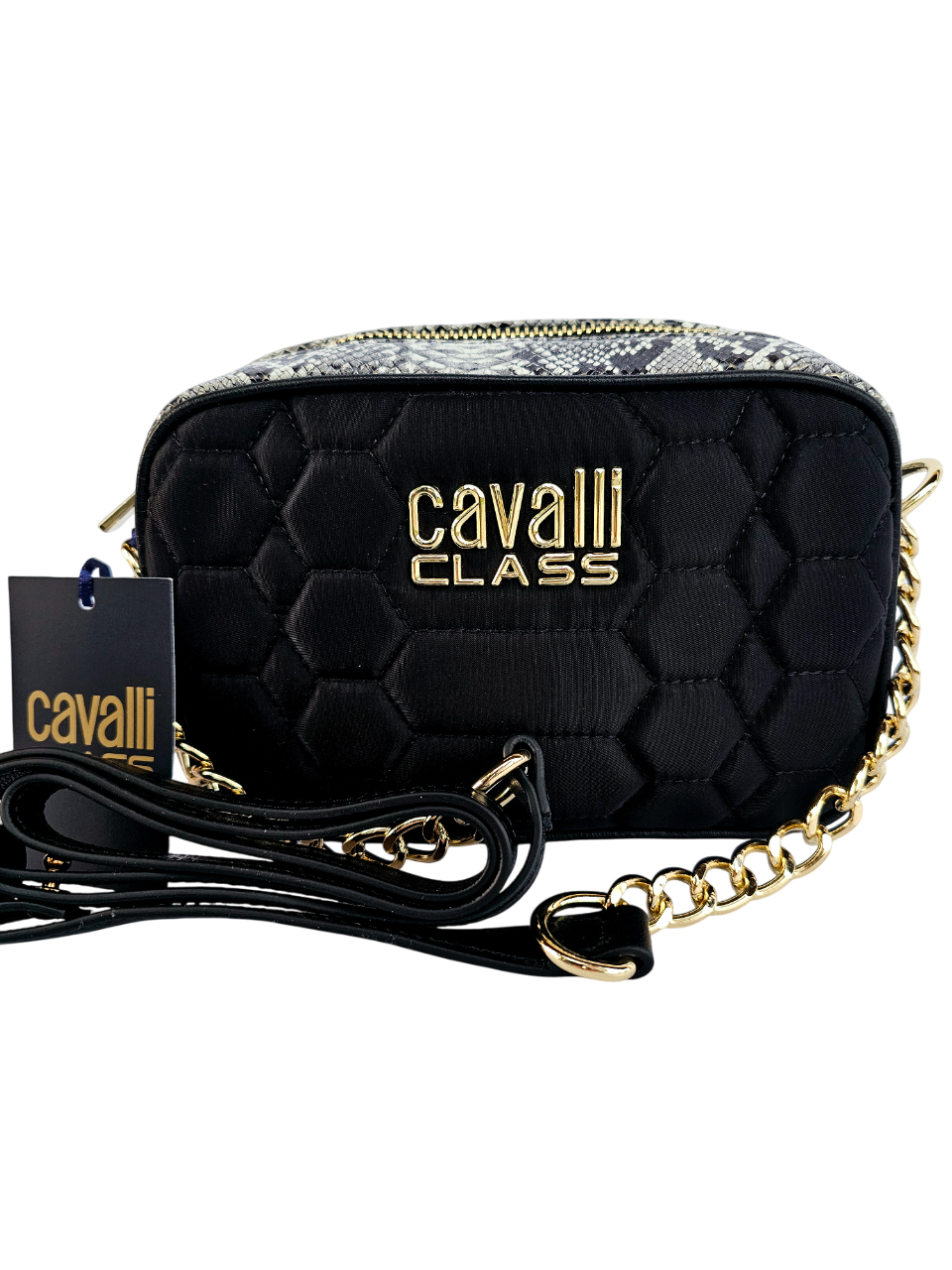  Borsa Cavalli Class nera con dettagli pitonati e catena dorata
