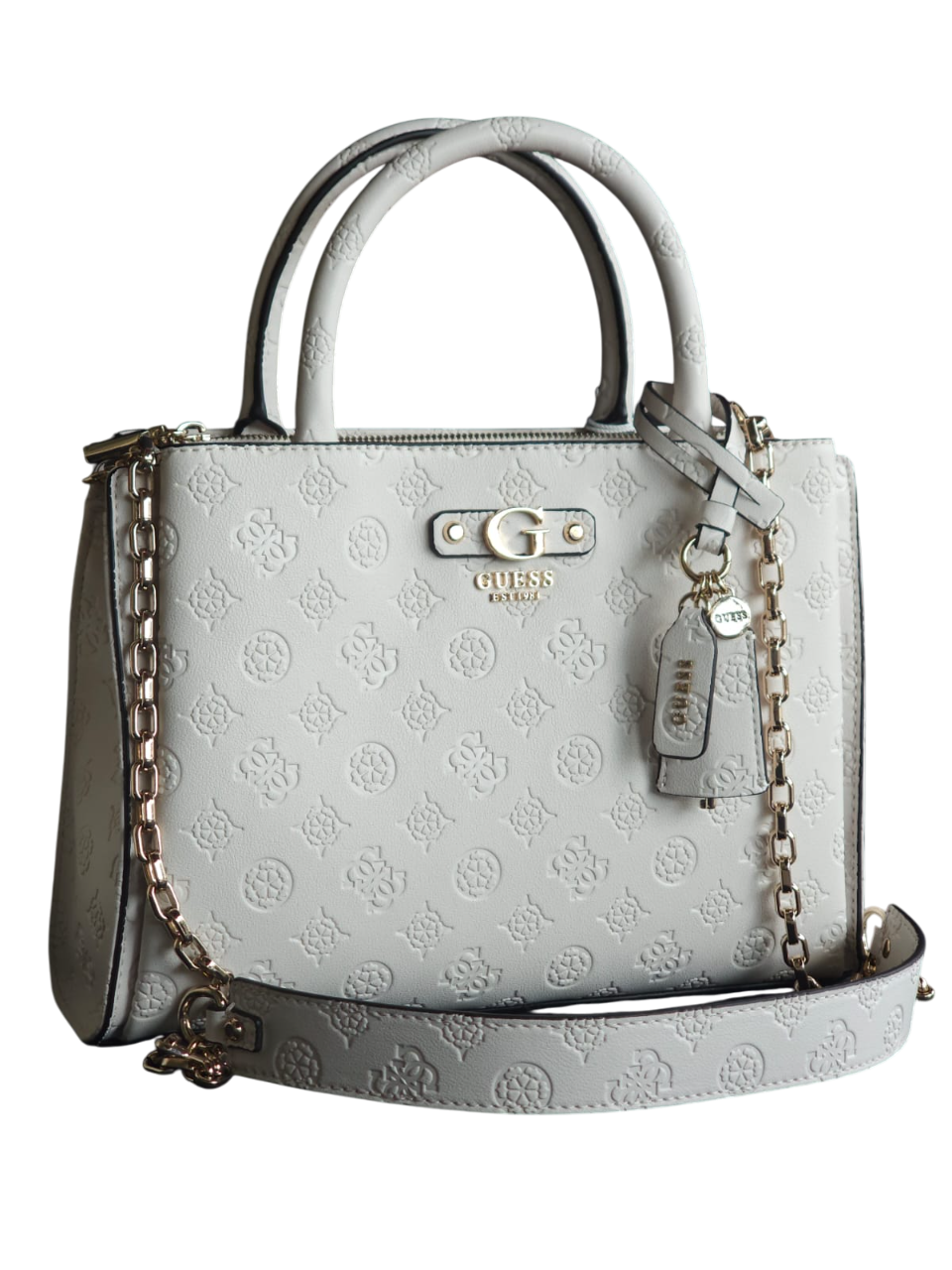 Borsa Guess Gerty off white con stampa logata in rilievo