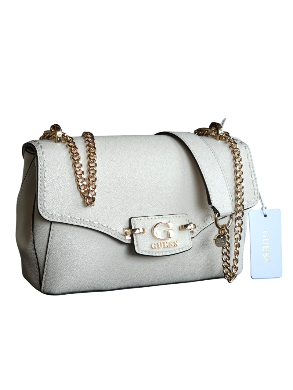 Borsa Guess Nastra off white a spalla con manici in catena