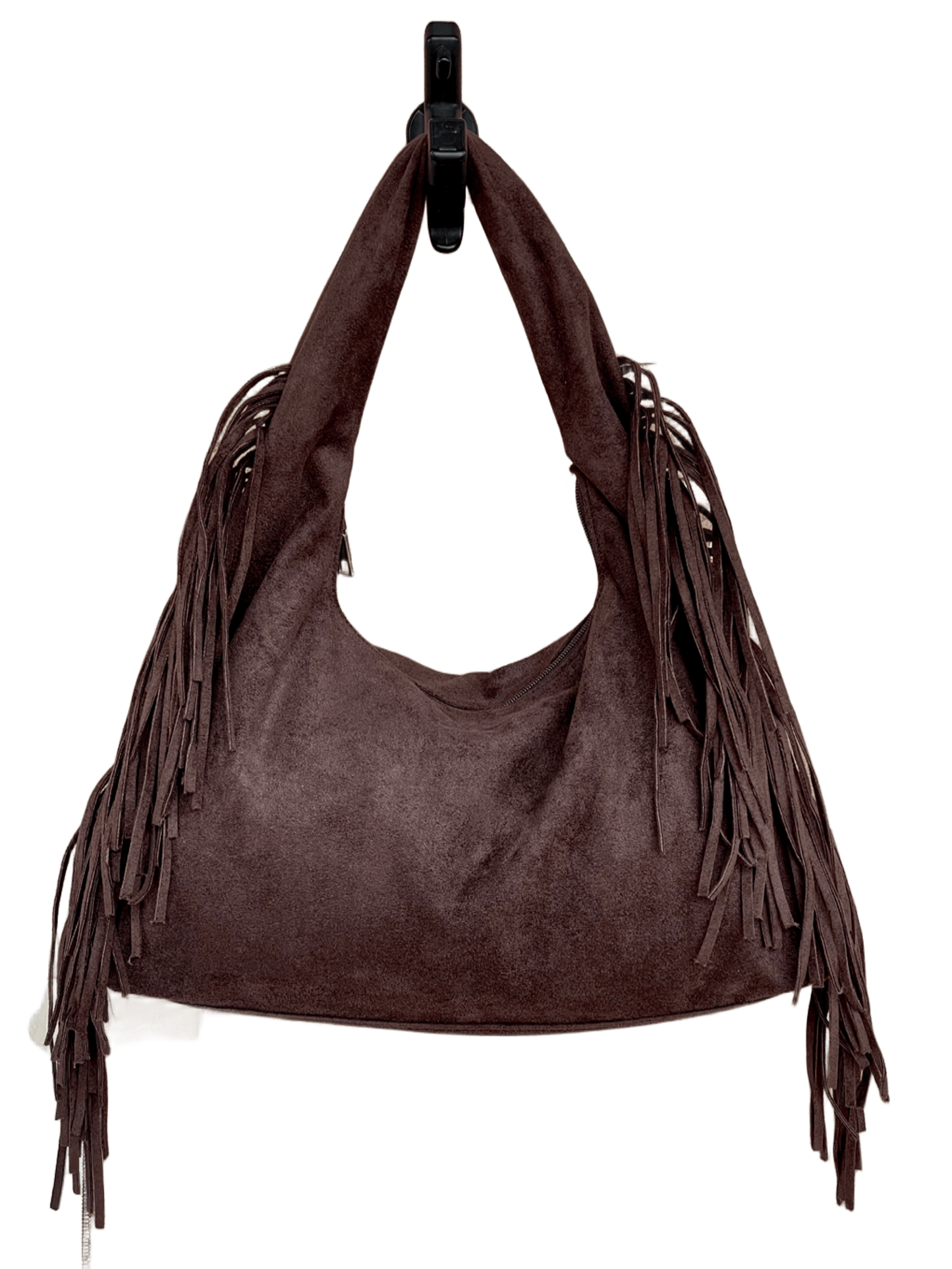 Borsa hobo Savanna scamosciata con frange boho-chic color caffè

