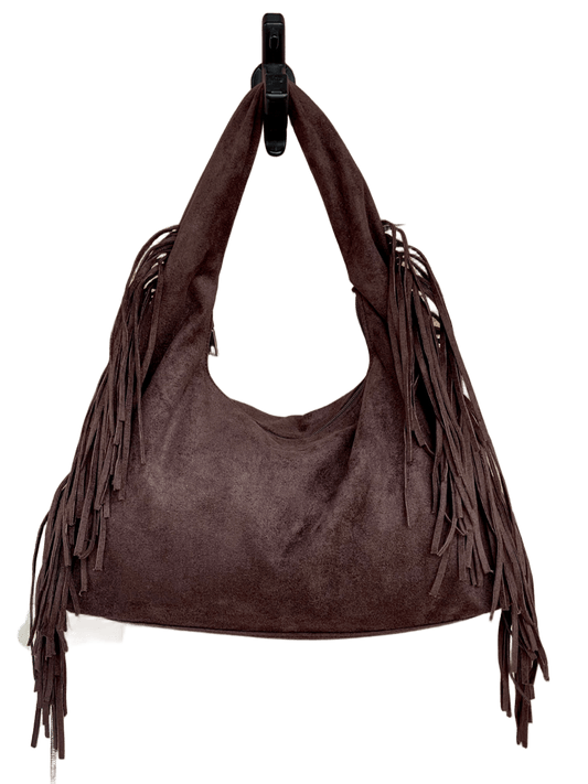 Borsa hobo Savanna scamosciata con frange boho-chic color caffè
