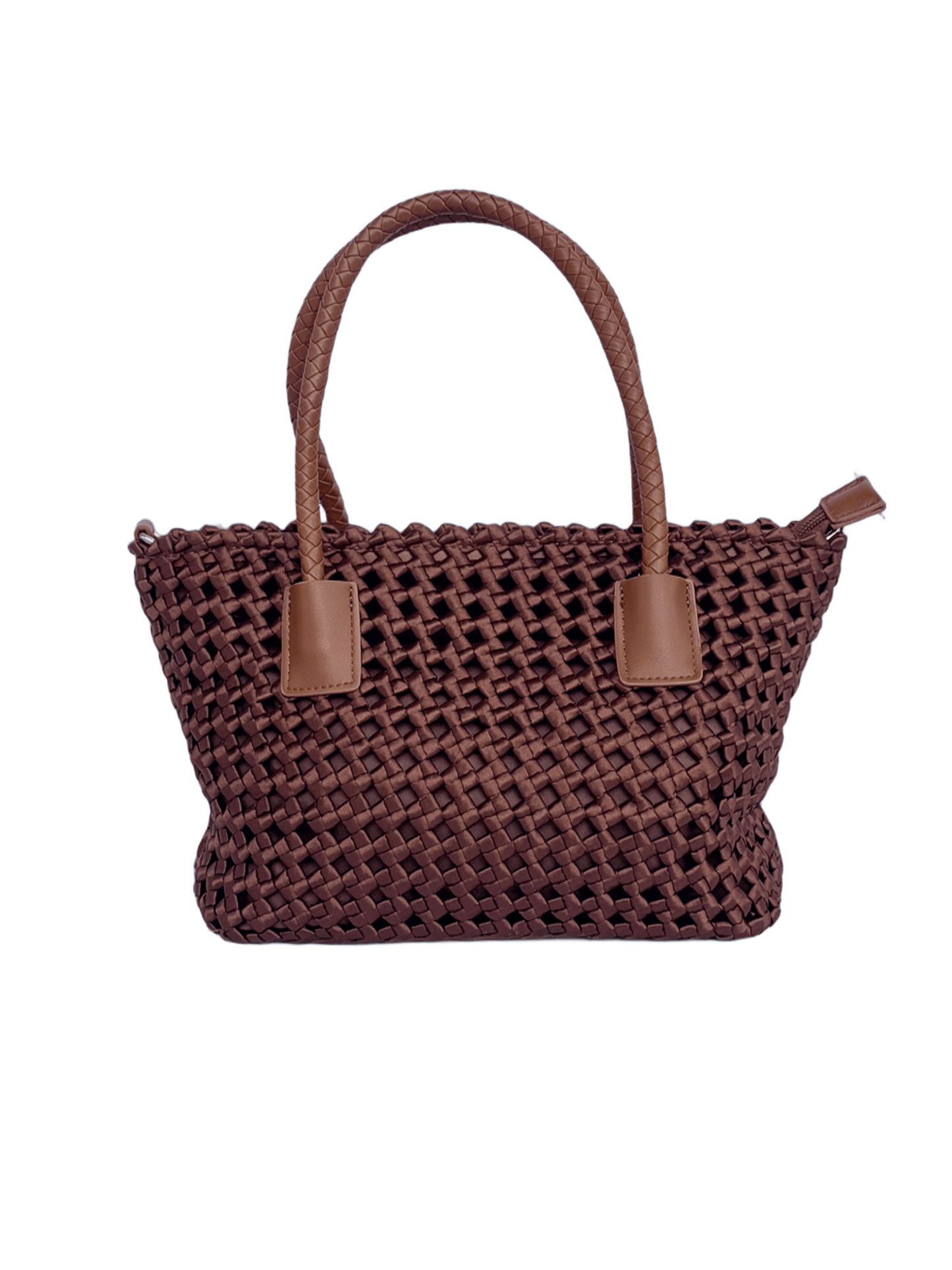 Borsa Tessa intrecciata in tessuto color caffè vista frontale no sfondo