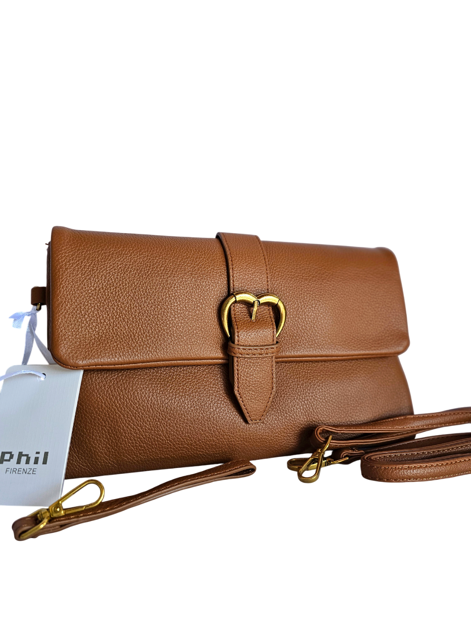 Borsa pochette marrone con tracolla e manico a polso vista frontale
