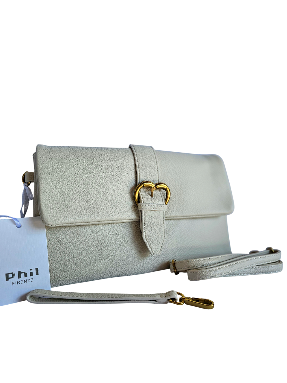 Borsa pochette beige con tracolla e manico a polso vista frontale
