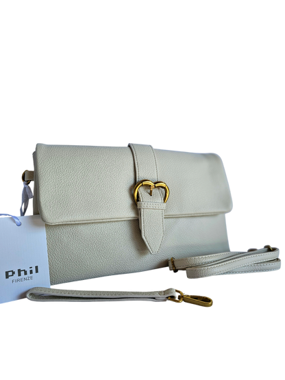 Borsa pochette beige con tracolla e manico a polso vista frontale
