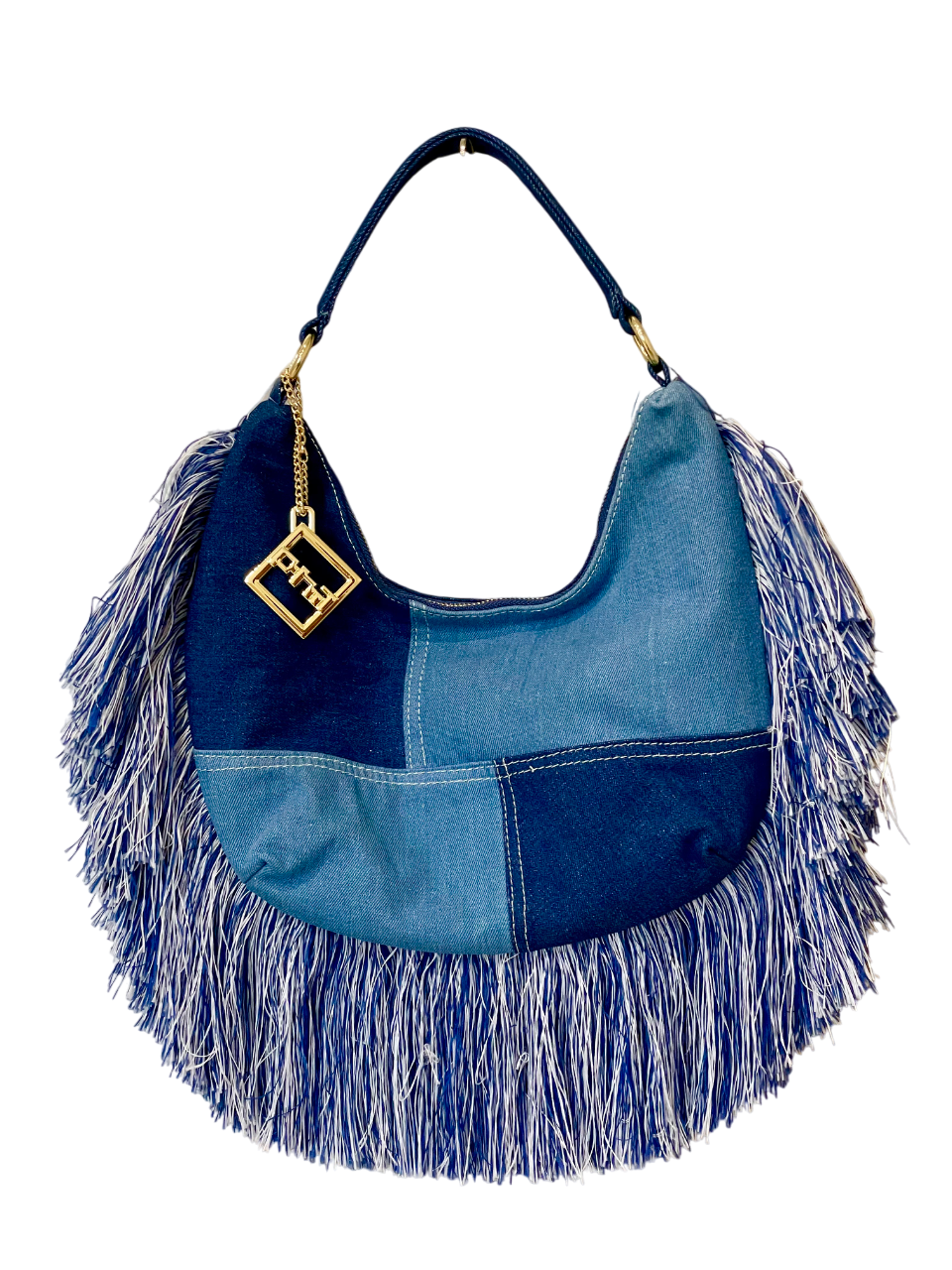 Borsa hobo in jeans denim con frange stile boho vista frontale