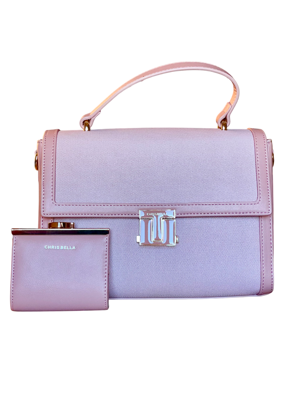 Set borsa Chrisbella in canvas e similpelle rosa con portamonete coordinato vista frontale
