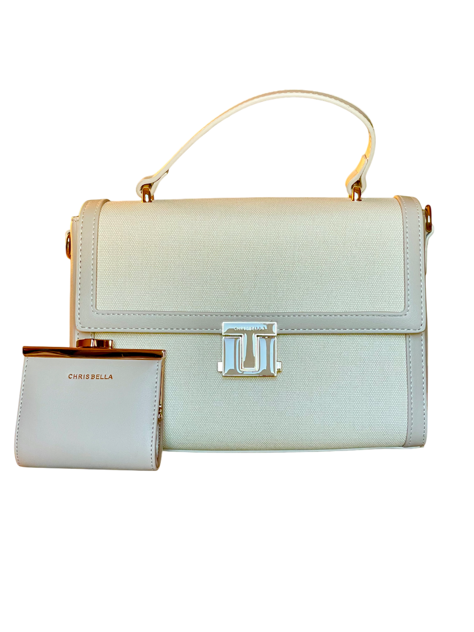 Set borsa Chrisbella in canvas e similpelle beige con portamonete coordinato vista frontale