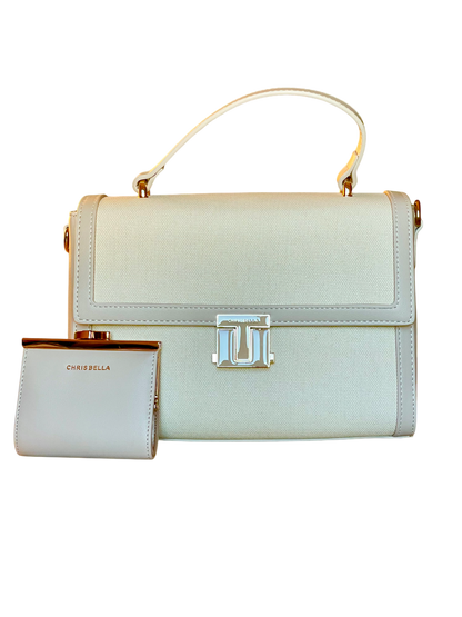 Set borsa Chrisbella in canvas e similpelle beige con portamonete coordinato vista frontale