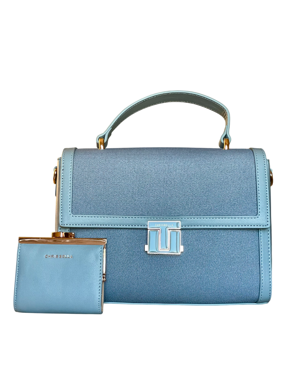 Set borsa Chrisbella in canvas e similpelle color jeans con portamonete coordinato vista frontale
