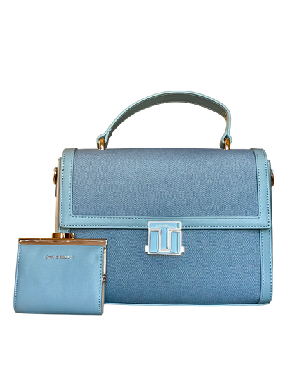 Set borsa Chrisbella in canvas e similpelle color jeans con portamonete coordinato vista frontale
