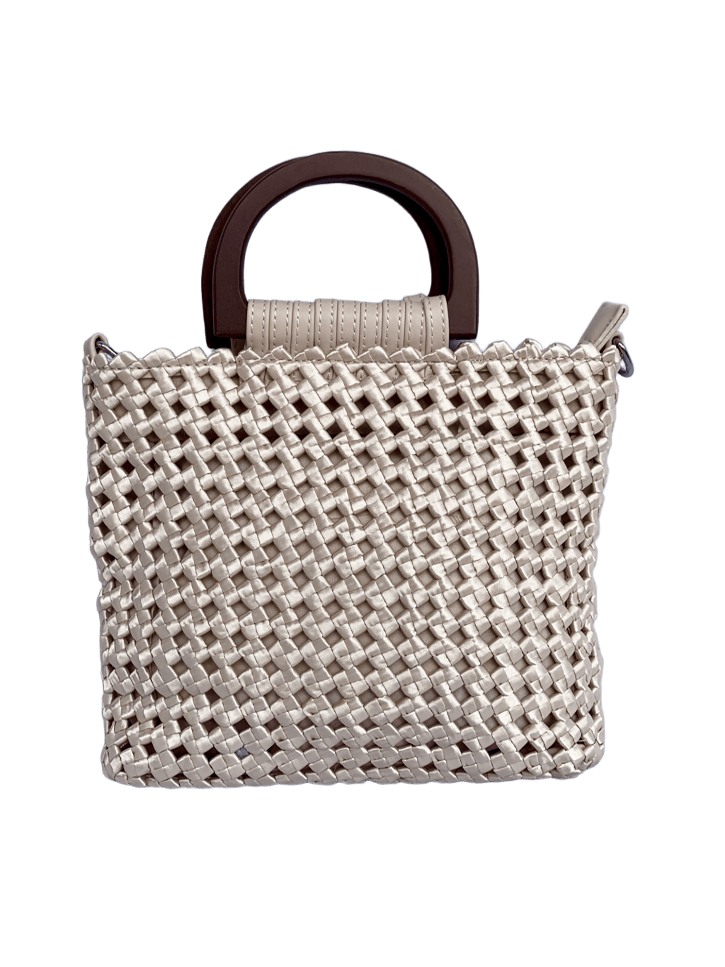 Borsa Cora intrecciata in tessuto con manici in legno vista frontale senza sfondo