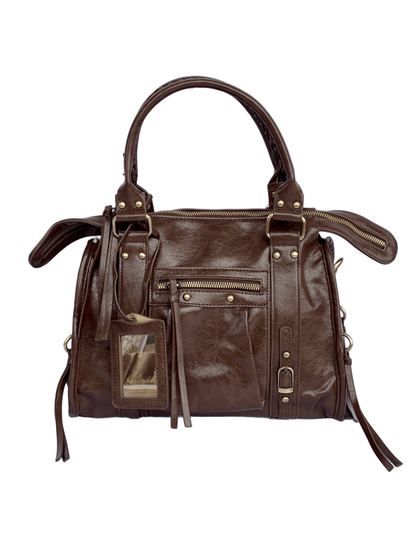 Borsa Tokyo Media, city bag caffè con specchietto vista frontale no sfondo