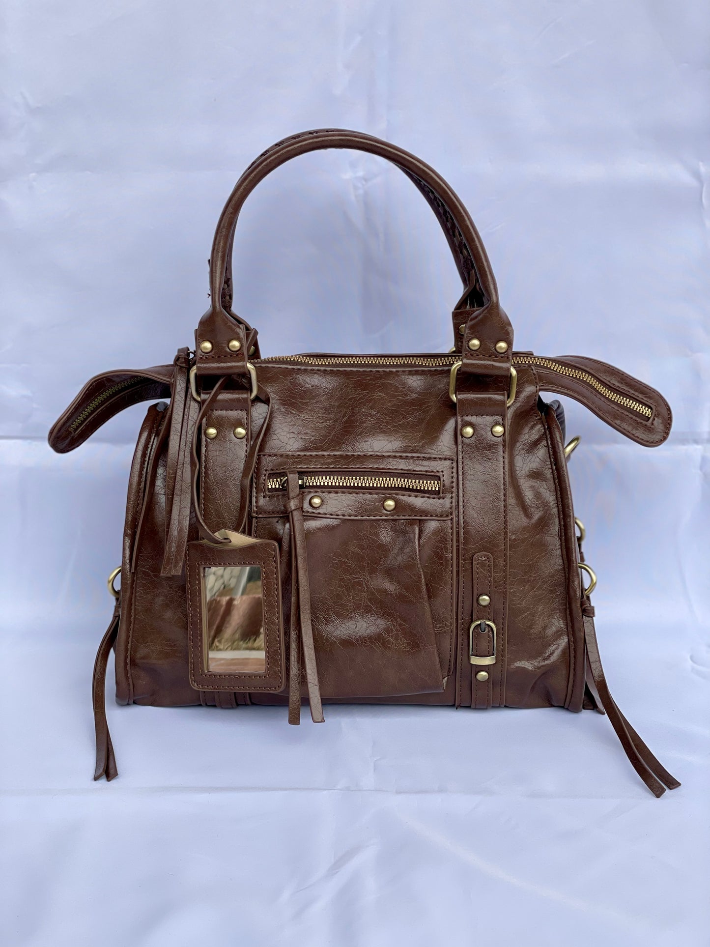 Borsa Tokyo Media, city bag caffè con specchietto vista frontale 