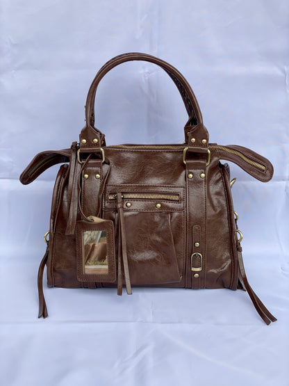 Borsa Tokyo Media, city bag caffè con specchietto vista frontale 