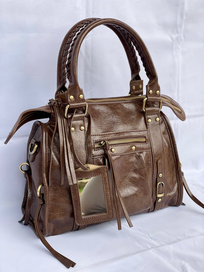 Borsa Tokyo Media, city bag caffè con specchietto vista laterale