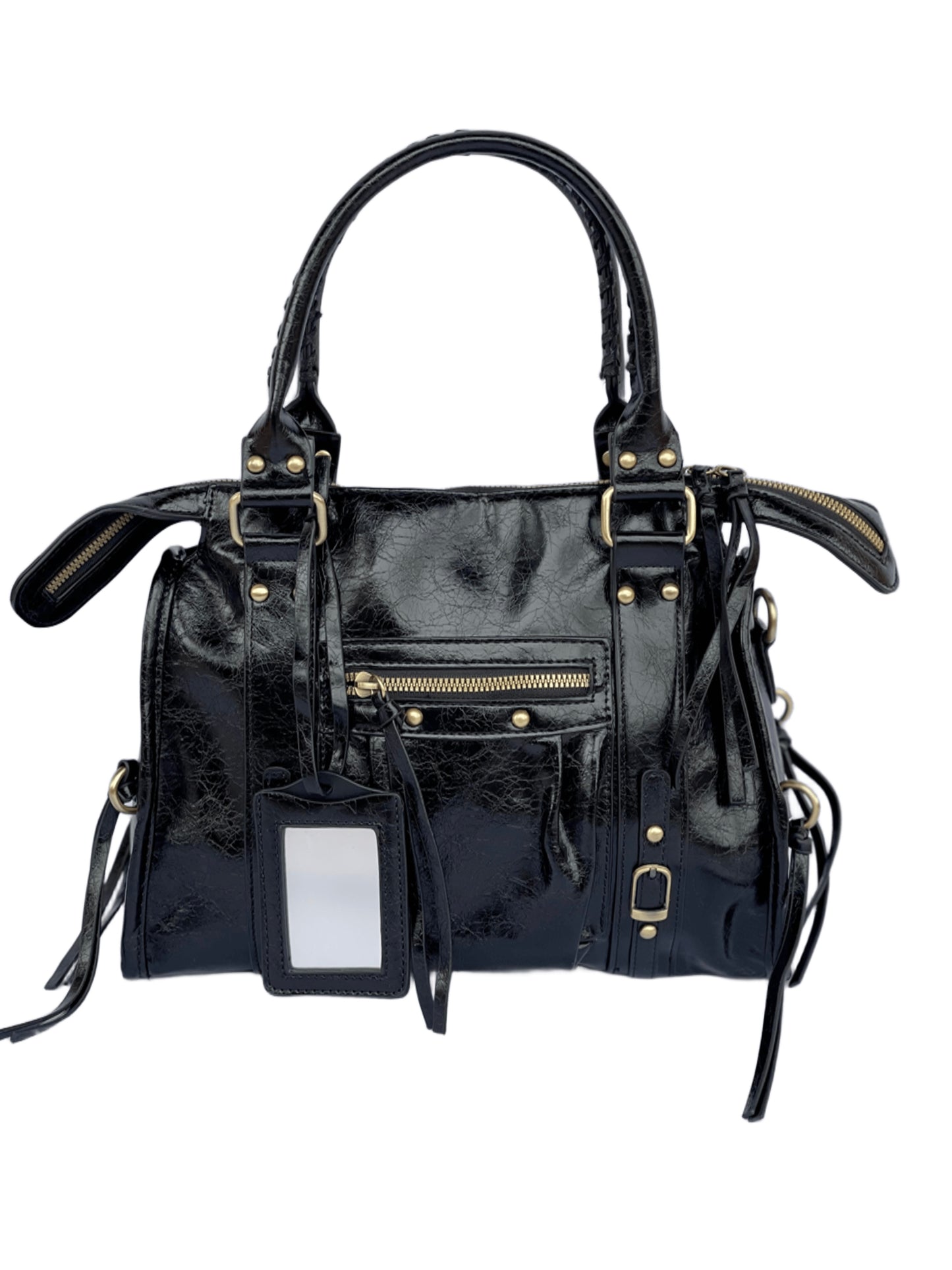 Borsa Tokyo Media, city bag nera con specchietto vista frontale no sfondo