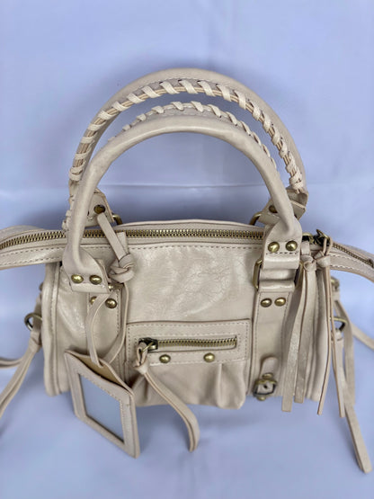 Borsa Tokyo Mini beige, city bag con specchietto vista manici ricamati