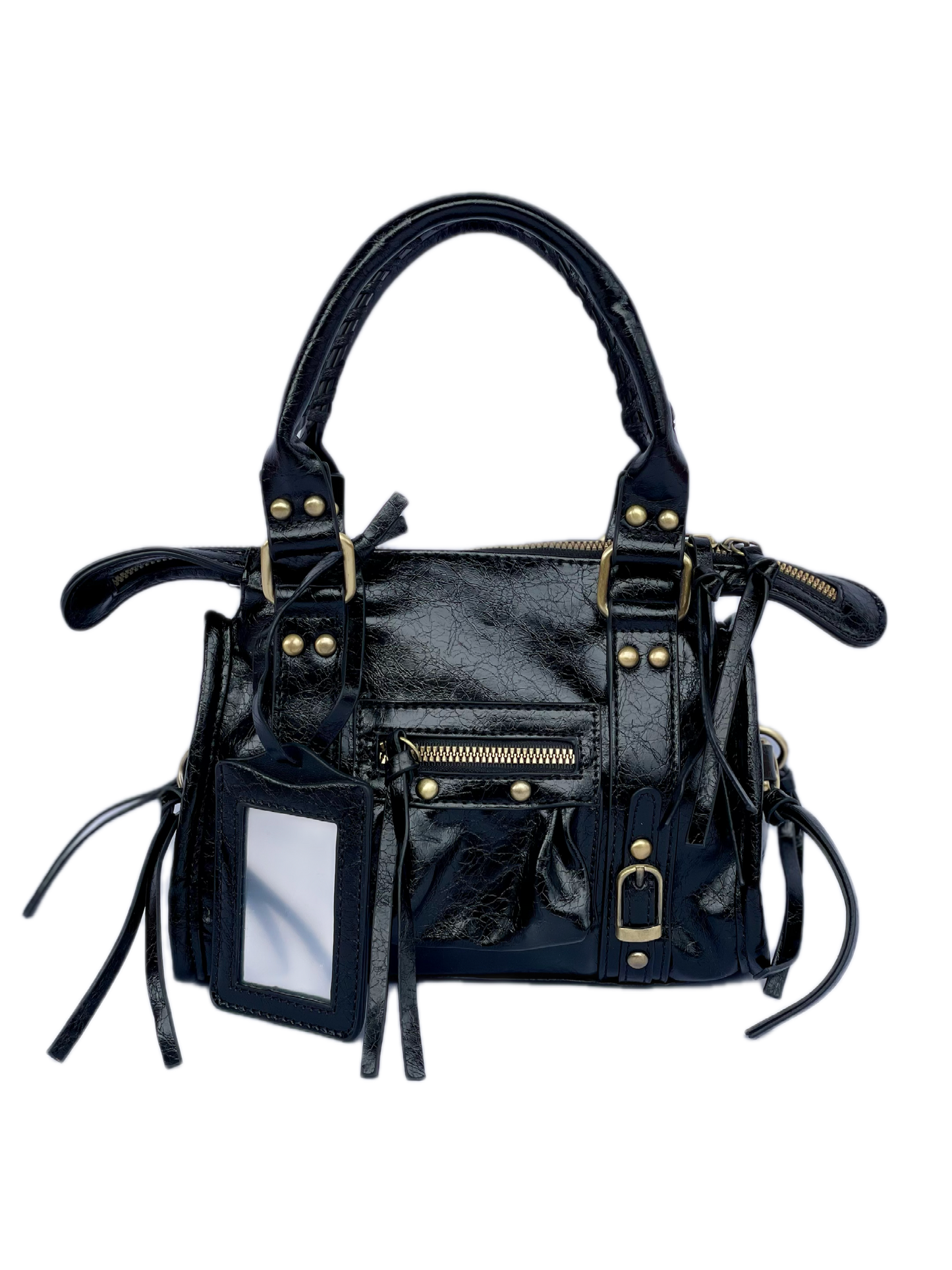 Borsa Tokyo Mini nera, city bag con specchietto vista frontale no sfondo