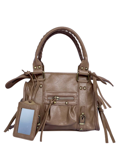 Borsa Tokyo Mini tortora, city bag con specchietto vista frontale no sfondo