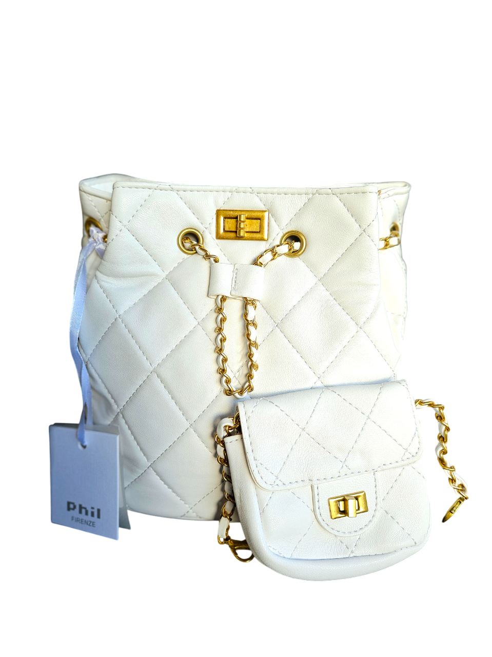 Zainetto borsa secchiello trapuntato con portamonete vista frontale
