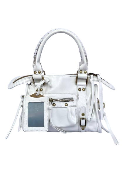 Borsa Tokyo Mini bianca, city bag con specchietto vista frontale no sfondo